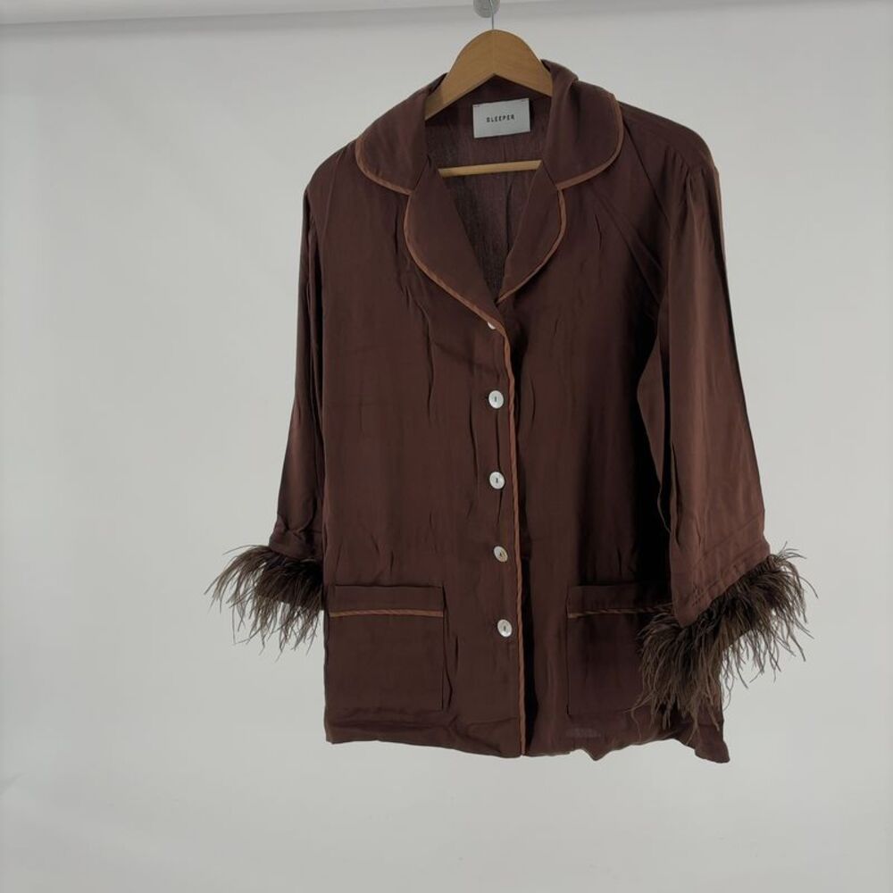 Sleeper Chocolate Brown Feather-Trim Button Jacket & Pants